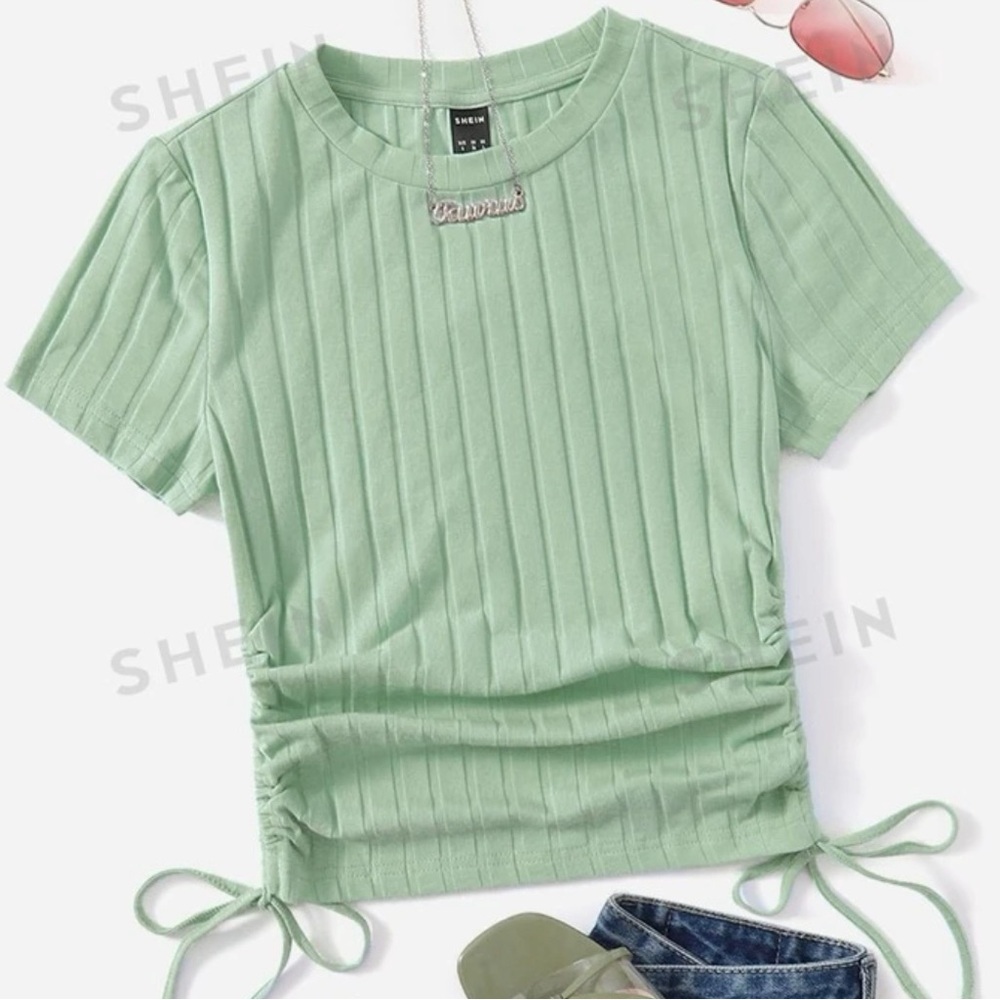 Mint Green Drawstring Ruched Side Rib-knit Tee
